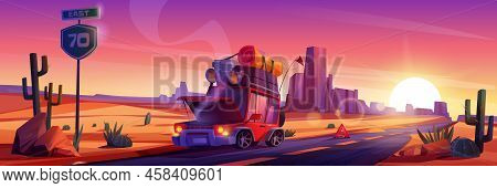 Broken Car On Road In Desert At Sunset. Vector Cartoon Illustration Of Accident, Breakdown In Trip. 