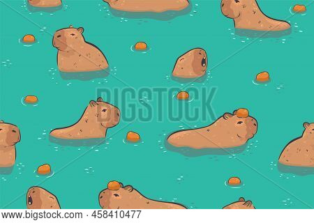 Seamless Pattern Capybaras In The Water. Vector Image