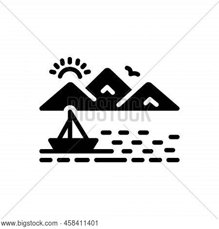 Black Solid Icon For Tahoe Mountain Beach Lake Sea-side Sun Sunset View Boat Nature
