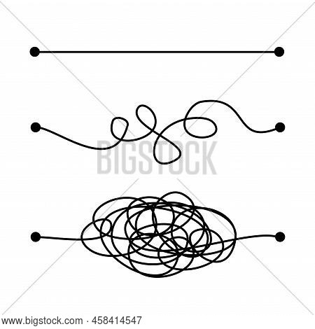 Hard, Medium And Easy Way Solution Concept Illustrated By Tangled And Straight Lines. Complicated An