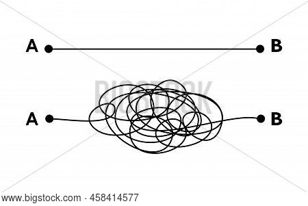 Hard And Easy Way Solution Concept Illustrated By Tangled And Straight Lines. Complicated And Simple