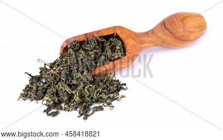 Dry Gynostemma Pentaphyllum Leaf In Olive Scoop, Isolated On White Blackground. Jiaogulan Or Miracle