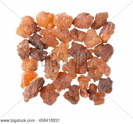 Myrrh Resin Isolated On White Background. Pile Of Natural Commiphora Myrrha. Sweet Myrrh Opoponax. I
