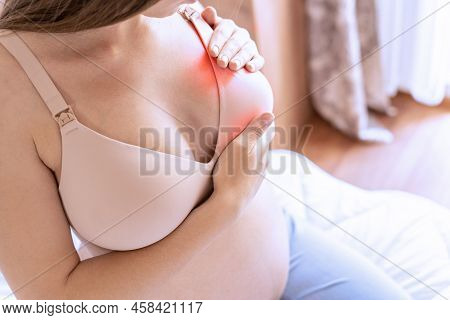 Breast Pain Self Exam. Young Pregnancy Woman Examining Breast For Signs Lumps. Breast Self Exam. Hea