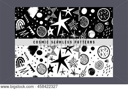 Cosmic Seamless Pattern Set. Space Doodle Objects, Stars, Planets, Coments, Abstract Elements