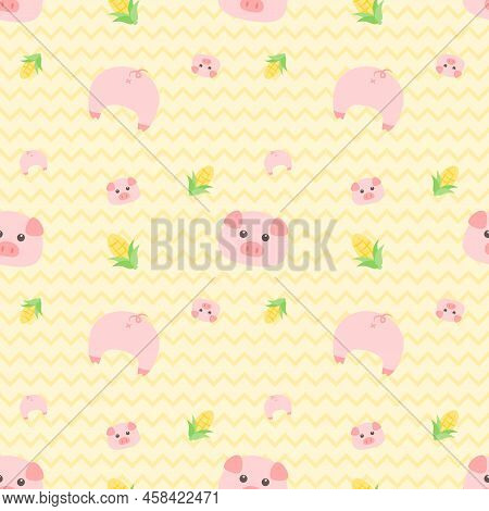 Seamless Pattern Pink Pig And Corn On Yellow Background.