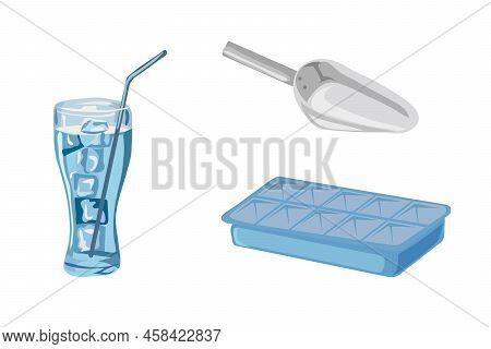 Ice Cubes And Melted Ice Cube. Iced Water Cubes For Cool Cocktail. Freezed Aqua Vector Isolated Illu