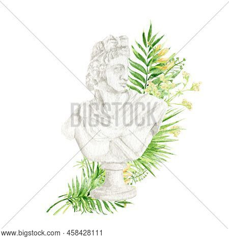 Ancient Greek Sculpture Apollo Goddess Head With Tropical Leaves Flowers, Watercolor Antique Greece 
