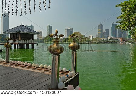 Colombo, Sri Lanka - April 27, 2022: Colombo Architecture River View From Seema Malaka Buddhist Temp