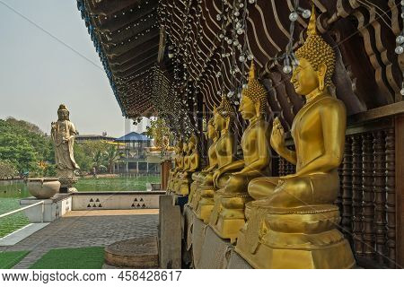 Colombo, Sri Lanka - May 26, 2022: Buddha Golden Statues In Seema Malaka Temple