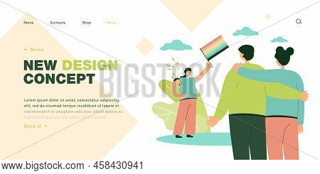 Couple Looking At Girl With Lgbt Flag Flat Vector Illustration. Woman Or Activist Defending Interest