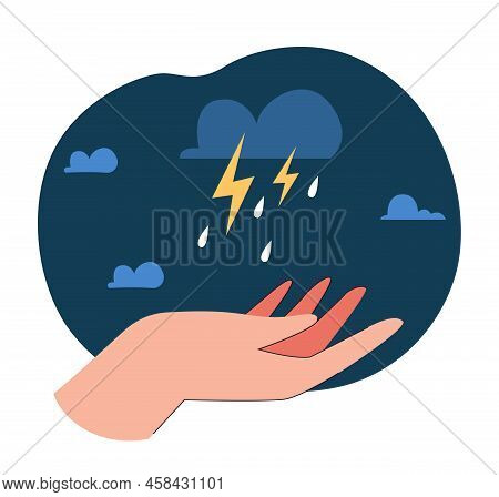 Human Hand And Cloudy Sky With Lightning And Rain. Thunder As Symbol Of Bad Weather Or Mood Flat Vec