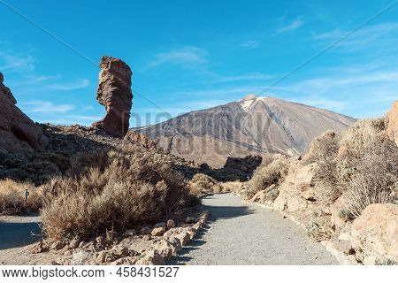 Panoramic View Of Unique Roque Cinchado Unique Rock Formation With Famous Pico Del Teide Mountain Vo