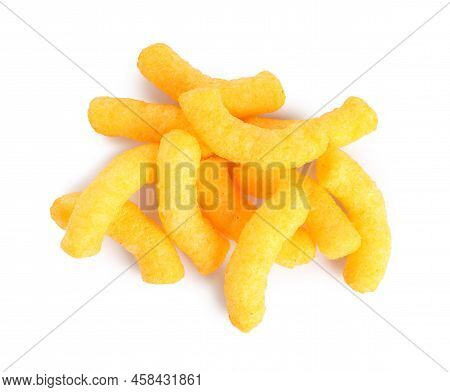 Many Tasty Cheesy Corn Puffs Isolated On White, Top View