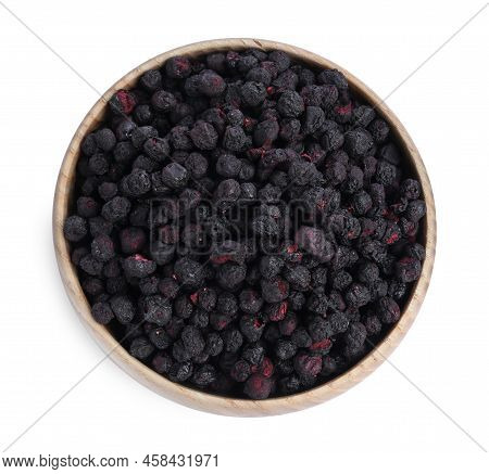 Freeze Dried Blueberries In Bowl On White Background, Top View