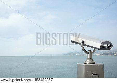 Metal Tower Viewer Installed Near Sea, Space For Text. Mounted Binoculars