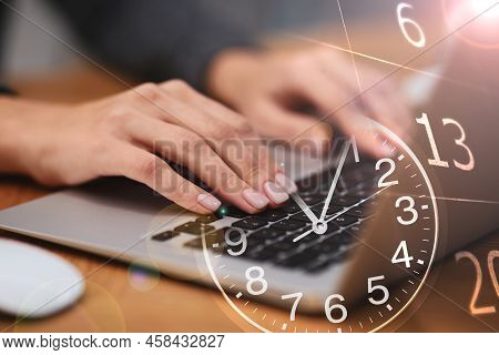 Multiple Exposure Of Woman Working On Laptop, Calendar And Clock