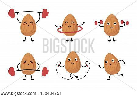 Almond Cartoon Character Exercising Vector Illustrations Set. Collection Of Doodles Of Cute Comic Nu