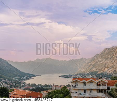 Sunset At Kotor Bay Montenegro. Sunset Beautiful Landscape. Travel Concept. Montenegro, Kotor Bay. V