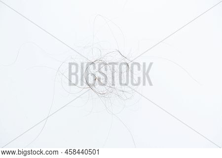 Fallen Hair On The White Background. Baldness And Hair Loss Problem