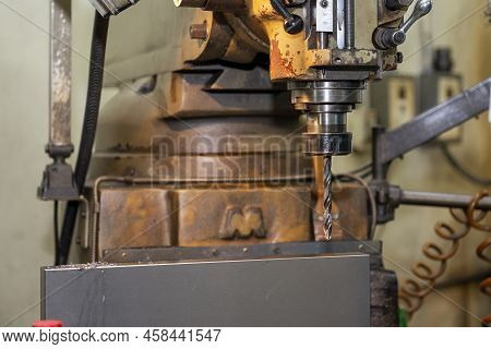 The Drilling Process On Nc Milling Machine. The Metal Working Concept On The Milling Machine.