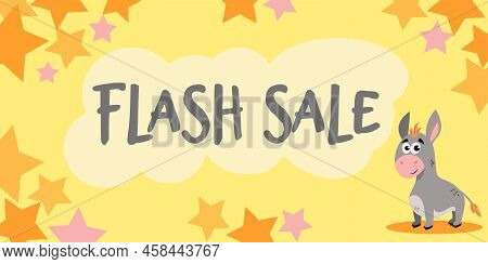 Flash Sale Cartoon Style Banner. Bright Banner With A Cute Donkey. Vector Illustration In Flat Style
