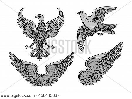 Eagle, Falcon, Bird, Wing, Double Wings. Traditional Character Styles For Coats Of Arms And Shields.