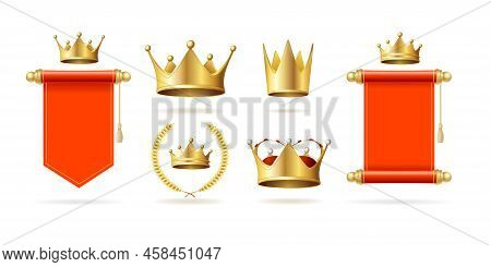 Realistic Detailed 3d Different Royal Signs Set Include Of Gold King Crown And Medieval, Flag . Vect