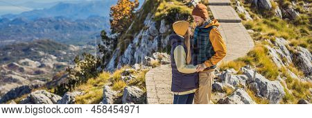 Banner, Long Format Couple Man And Woman Tourists In Mountain Landscape At National Park Lovcen, Mon