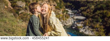 Banner, Long Format Montenegro. Mom And Son Tourists On The Background Of Clean Clear Turquoise Wate