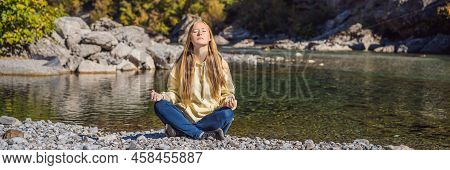 Banner, Long Format Montenegro. Woman Tourist Meditates On The Background Of Clean Clear Turquoise W