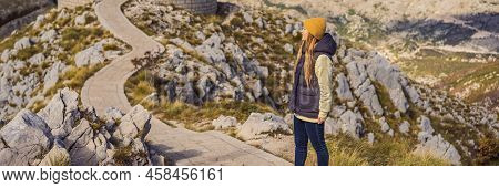 Banner, Long Format Woman Traveller In Mountain Landscape At National Park Lovcen, Montenegro. Trave