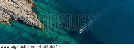 Banner, Long Format Picturesque Sea Adriatic Coast Of Montenegro. Turquoise Mediteran Sea And Rocky 