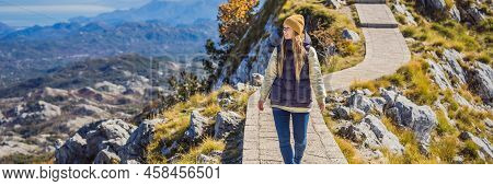Banner, Long Format Woman Traveller In Mountain Landscape At National Park Lovcen, Montenegro. Trave