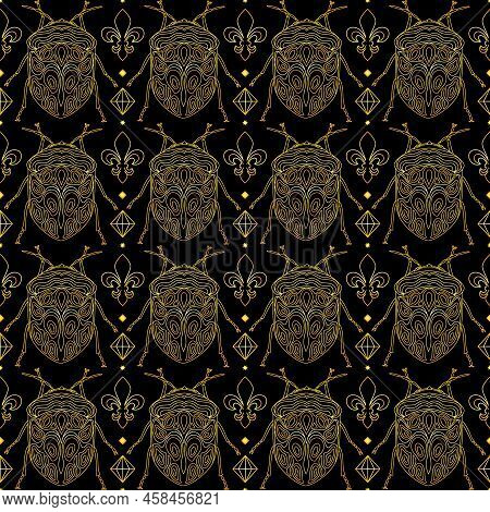 Seamless Pattern With Golden Insects And Diamonds On A Black Background. Golden Pattern With Bugs. V