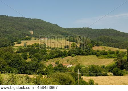Hill Of The Bush Planted With Grass For Cattle With Houses In Baquio Spain