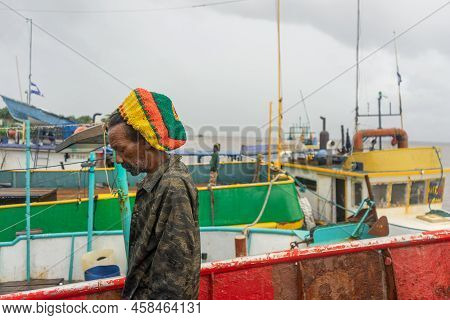 Pensive Black Fisherman In The Caribbean Of Nicaragua