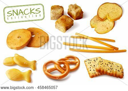 Croutons Crackers Pretzels Biscuits Crispy Bread Sticks Realistic Baked Snacks Appetizing Closeup Im