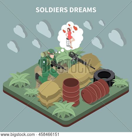 Soldiers Dreams Isometric Composition With Sniper Sitting In Entrenchment And Remembering His Girlfr