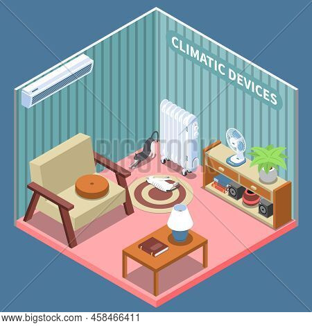 Home Climate Control Isometric Composition Illustrated Living Room With Furniture And Climatic Devic