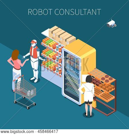 Shop Technology Isometric Background With Buyers And Robot Consultant In Store Of Future Interior Ve
