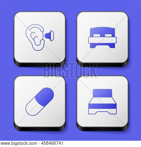 Set Earplugs And Ear, Big Bed, Sleeping Pill And Icon. White Square Button. Vector