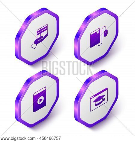 Set Isometric Book Donation, Electronic Book With Mouse, Audio And Online Education Icon. Purple Hex