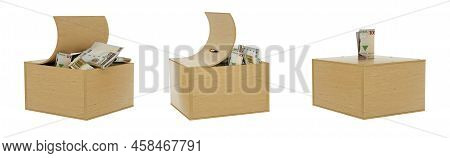 Nigerian Naira Notes Inside An Open Wooden Savings Box. Set Of Savings Concept. Generic Piggy Bank, 