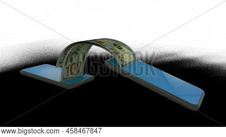 3d Rendering Of 100 Us Dollars Notes Transferring From One Phone To Another. Mobile Money Transactio