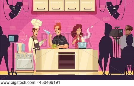 Tv Cooking Show Contest Cartoon Composition With Participants Making Soep Salad Chef Camera Operator