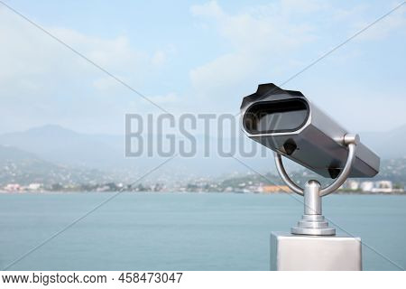 Metal Tower Viewer Installed Near Sea, Space For Text. Mounted Binoculars