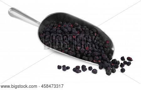 Scoop With Freeze Dried Blueberries On White Background