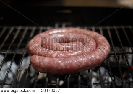 Home-made Butifarra Sausage Grilled On The Fire, In A Private House
