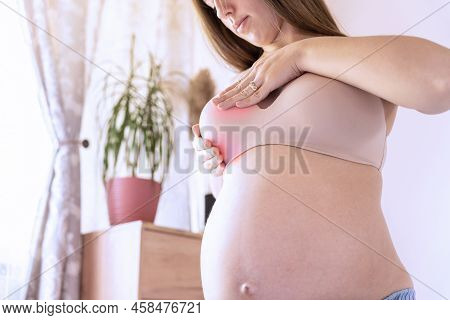 Breast Examination Cancer Woman Check. Young Pregnancy Woman Examining Breast For Signs Lumps. Breas
